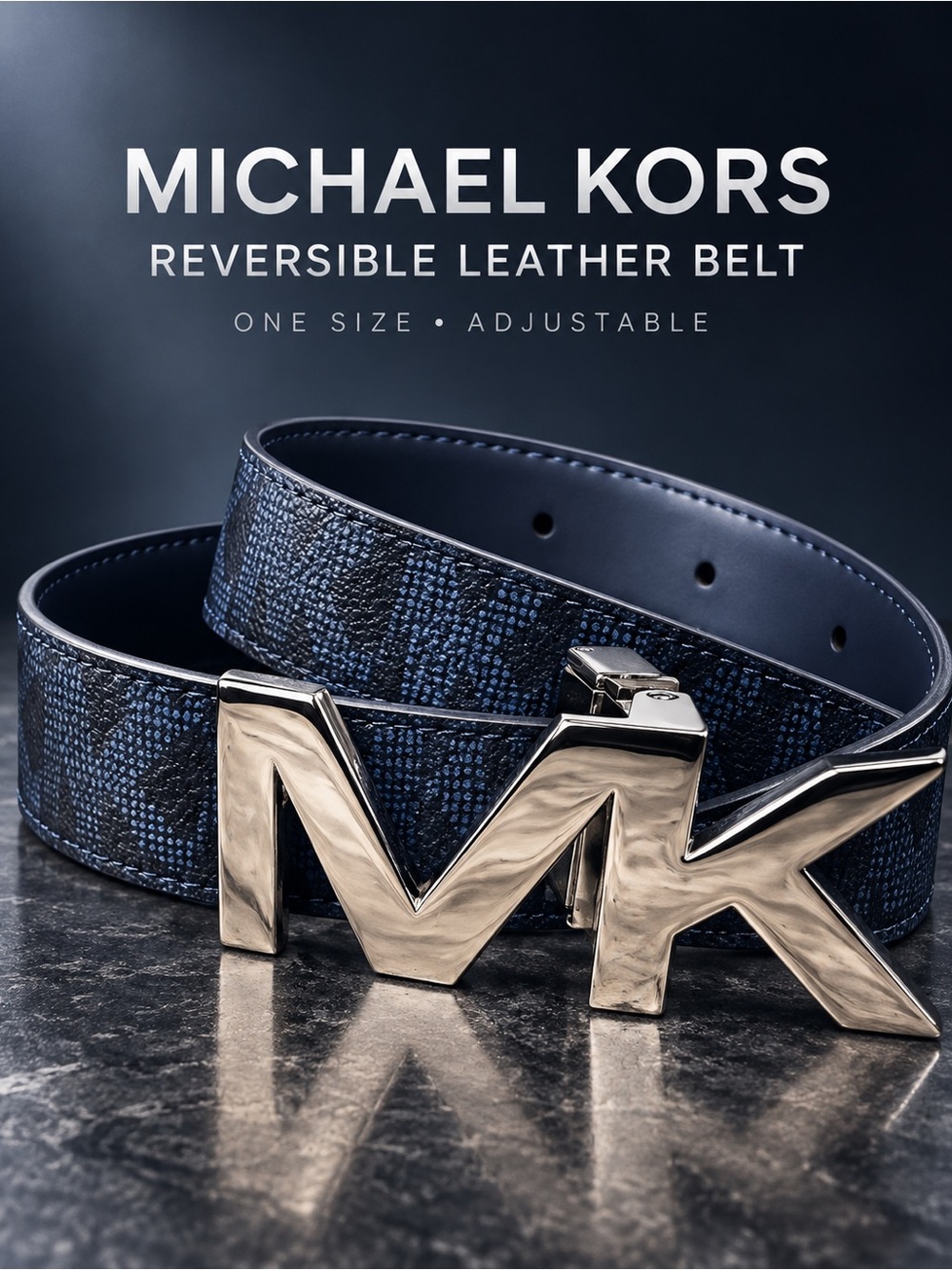Michael Kors Reversible Navy MK Logo Belt — Adjustable OS
